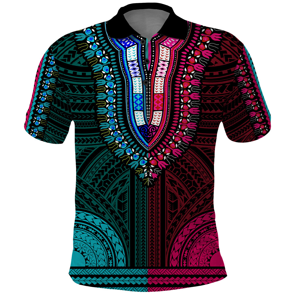 African Dashiki Polo Shirt With Polynesian Pattern Half Teal and Pink LT9 Teal and Pink - Polynesian Pride