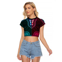 African Dashiki Raglan Cropped T Shirt With Polynesian Pattern - Half Teal and Pink LT9 Female Teal and Pink - Polynesian Pride