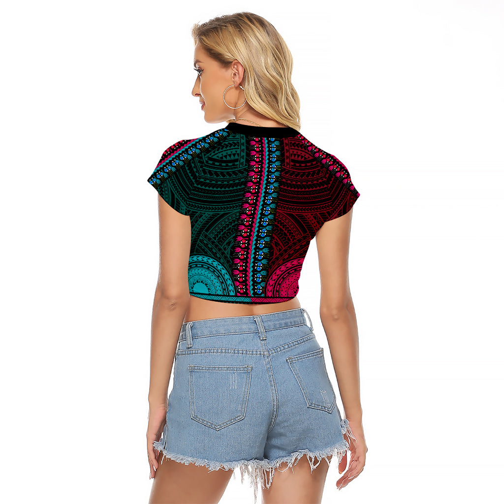 African Dashiki Raglan Cropped T Shirt With Polynesian Pattern - Half Teal and Pink LT9 - Polynesian Pride