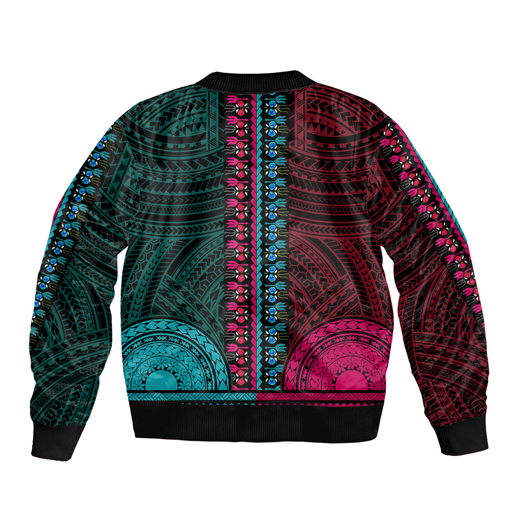 African Dashiki Sleeve Zip Bomber Jacket With Polynesian Pattern - Half Teal and Pink LT9 - Polynesian Pride