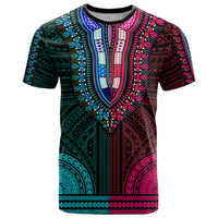 African Dashiki T Shirt With Polynesian Pattern Half Teal and Pink LT9 Teal and Pink - Polynesian Pride