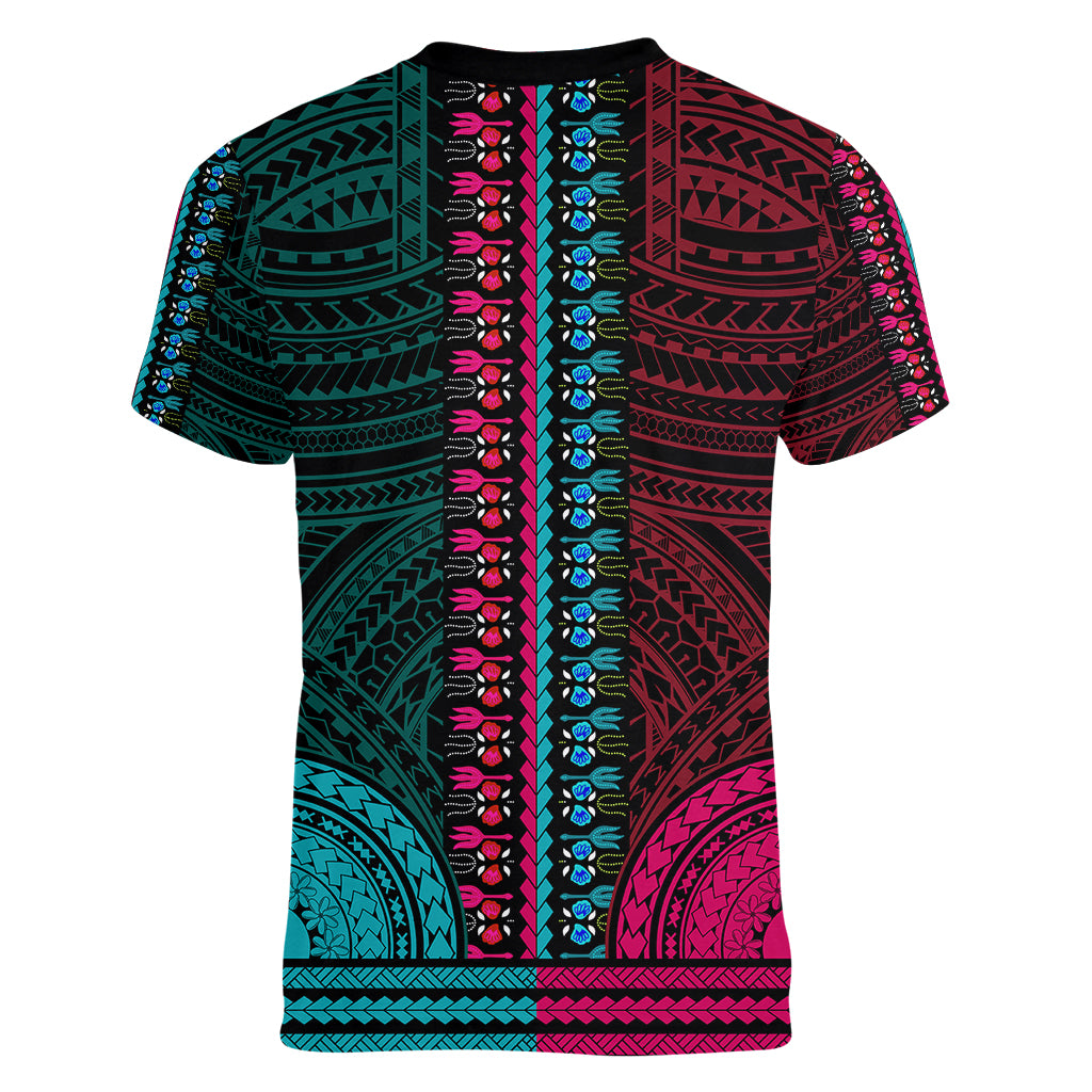 African Dashiki Women V Neck T Shirt With Polynesian Pattern - Half Teal and Pink LT9 - Polynesian Pride