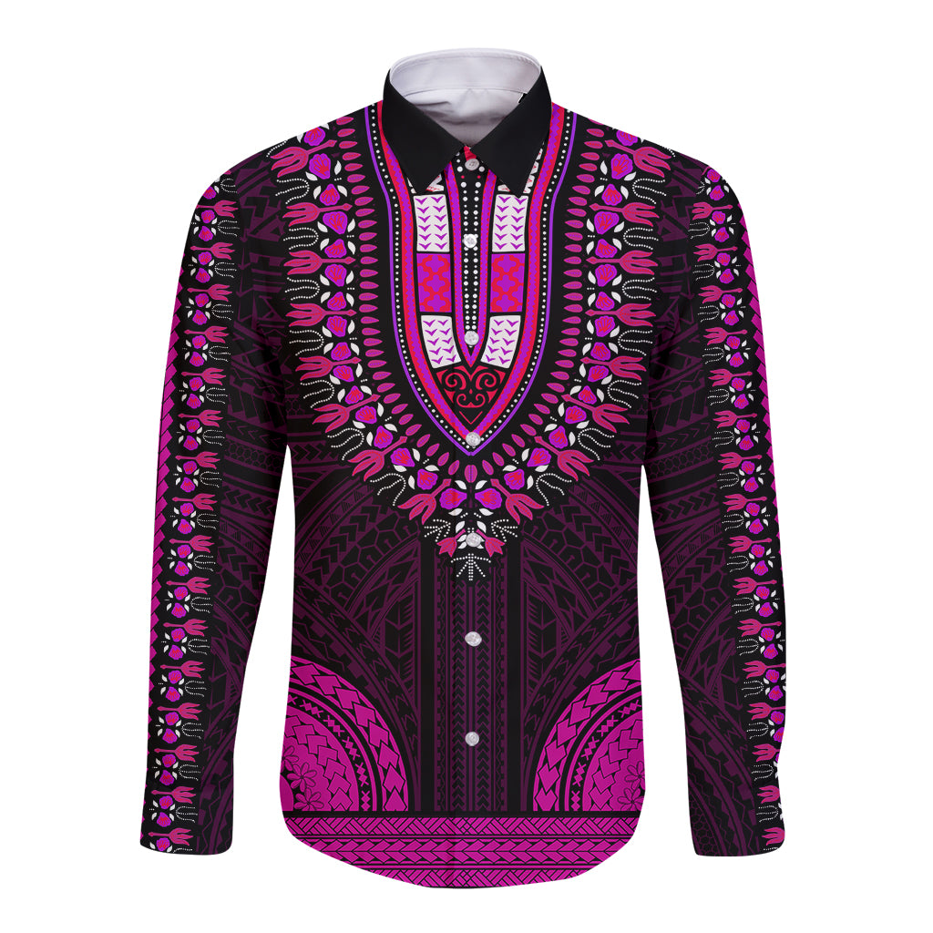African Dashiki Long Sleeve Button Shirt With Polynesian Pattern - Pink LT9 Unisex Pink - Polynesian Pride