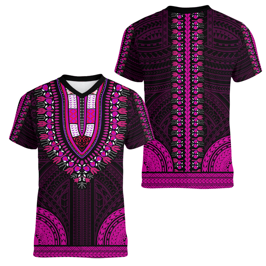 African Dashiki Women V Neck T Shirt With Polynesian Pattern - Pink LT9 - Polynesian Pride