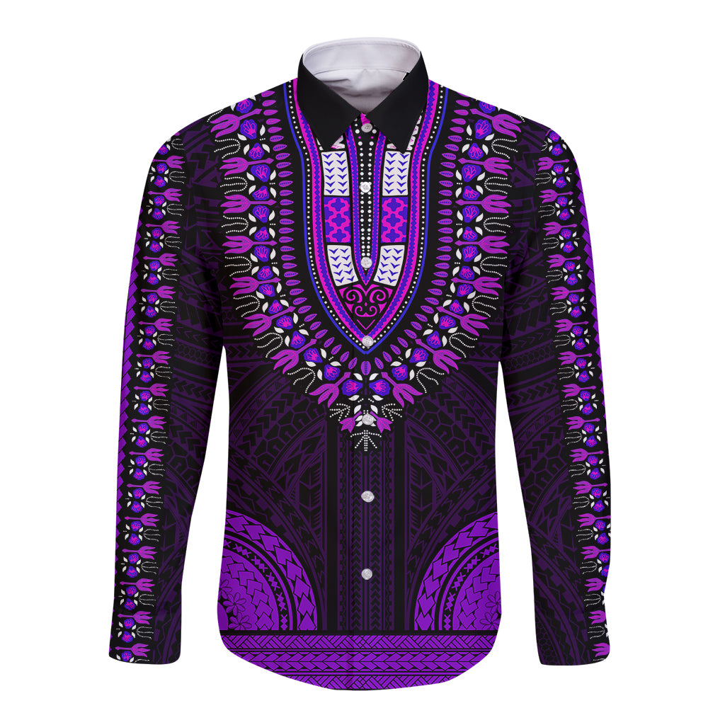 African Dashiki Long Sleeve Button Shirt With Polynesian Pattern - Purple LT9 Unisex Purple - Polynesian Pride