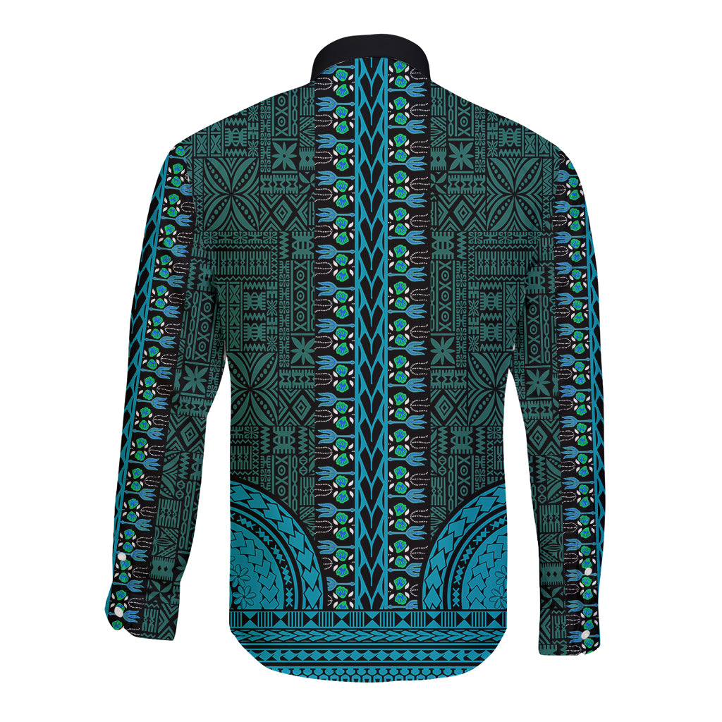 African Dashiki Long Sleeve Button Shirt With Tapa Pattern - Teal LT9 - Polynesian Pride