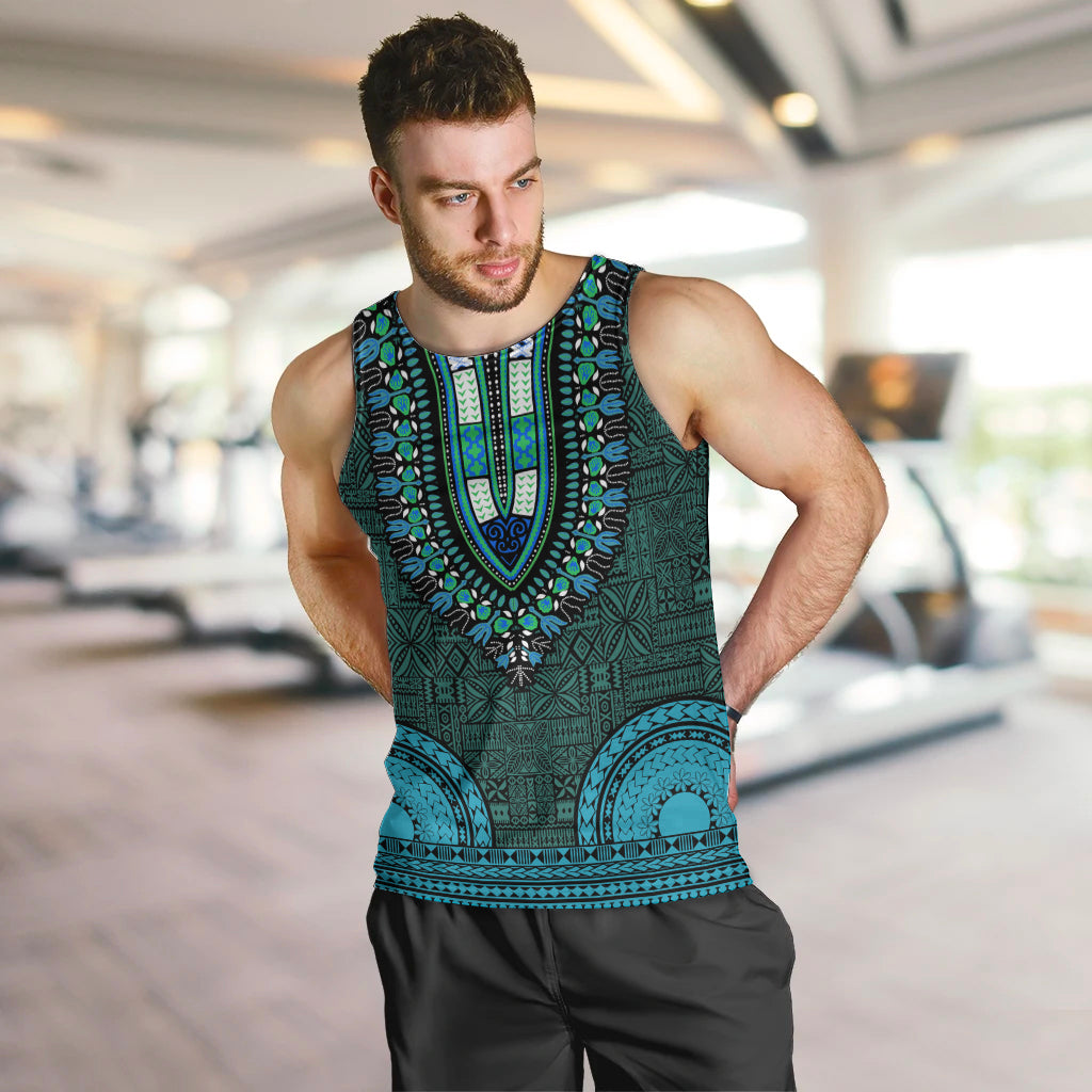 African Dashiki Men Tank Top With Tapa Pattern - Teal LT9 - Polynesian Pride