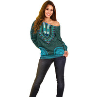 African Dashiki Off Shoulder Sweater With Tapa Pattern - Teal LT9 - Polynesian Pride