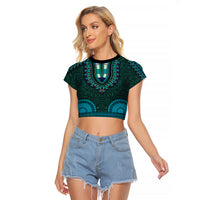 African Dashiki Raglan Cropped T Shirt With Tapa Pattern - Teal LT9 Female Teal - Polynesian Pride