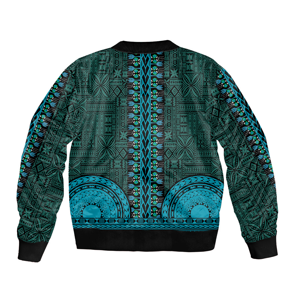 African Dashiki Sleeve Zip Bomber Jacket With Tapa Pattern - Teal LT9 - Polynesian Pride