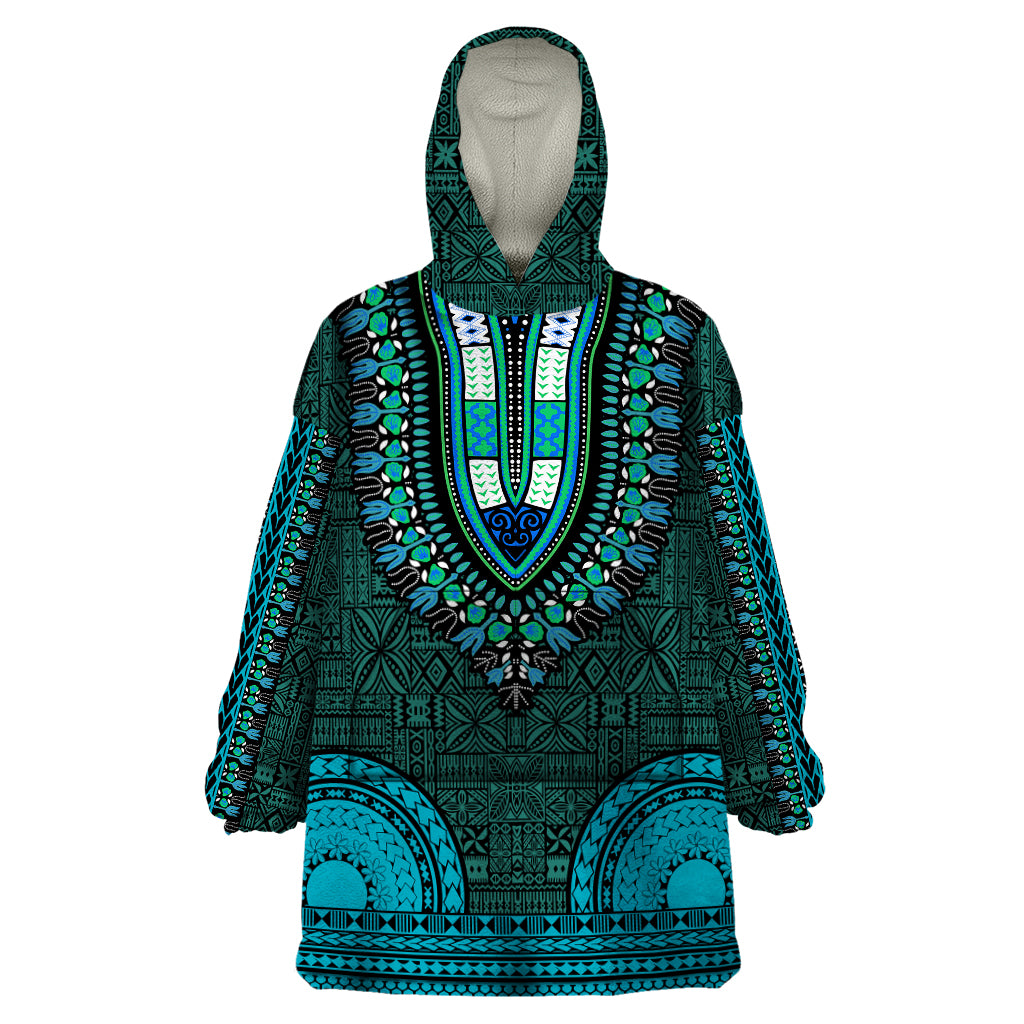 African Dashiki Wearable Blanket Hoodie With Tapa Pattern - Teal LT9 One Size Teal - Polynesian Pride