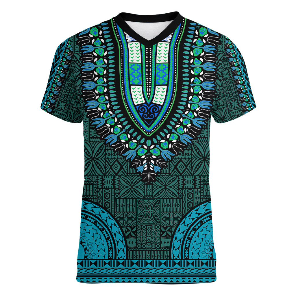 African Dashiki Women V Neck T Shirt With Tapa Pattern - Teal LT9 Female Teal - Polynesian Pride