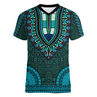 African Dashiki Women V Neck T Shirt With Tapa Pattern - Teal LT9 Female Teal - Polynesian Pride
