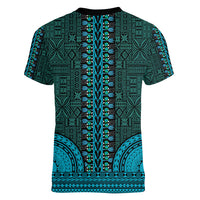 African Dashiki Women V Neck T Shirt With Tapa Pattern - Teal LT9 - Polynesian Pride