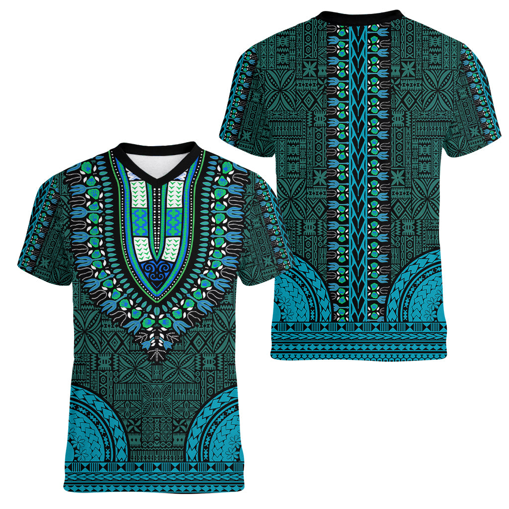 African Dashiki Women V Neck T Shirt With Tapa Pattern - Teal LT9 - Polynesian Pride