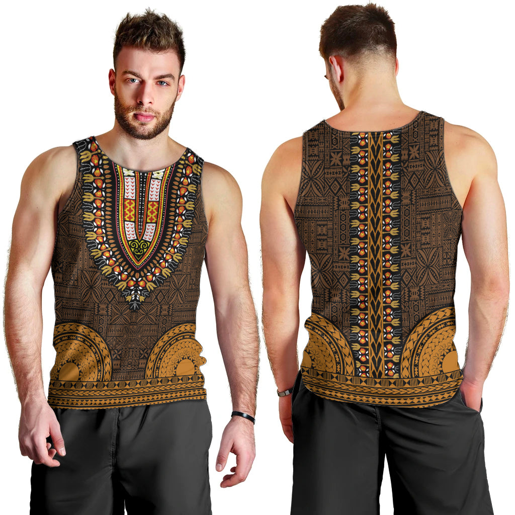 African Dashiki Men Tank Top With Tapa Pattern - Gold LT9 - Polynesian Pride