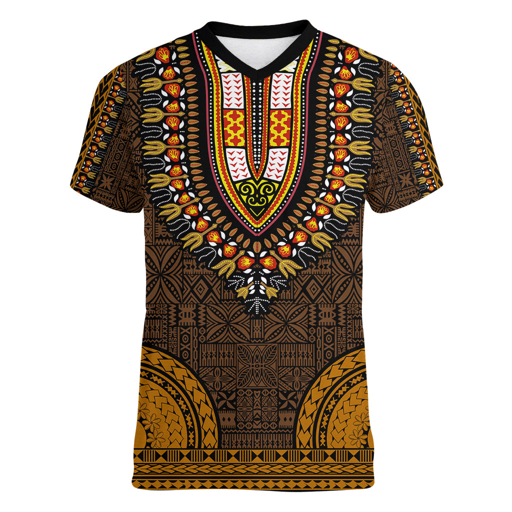African Dashiki Women V Neck T Shirt With Tapa Pattern - Gold LT9 Female Gold - Polynesian Pride