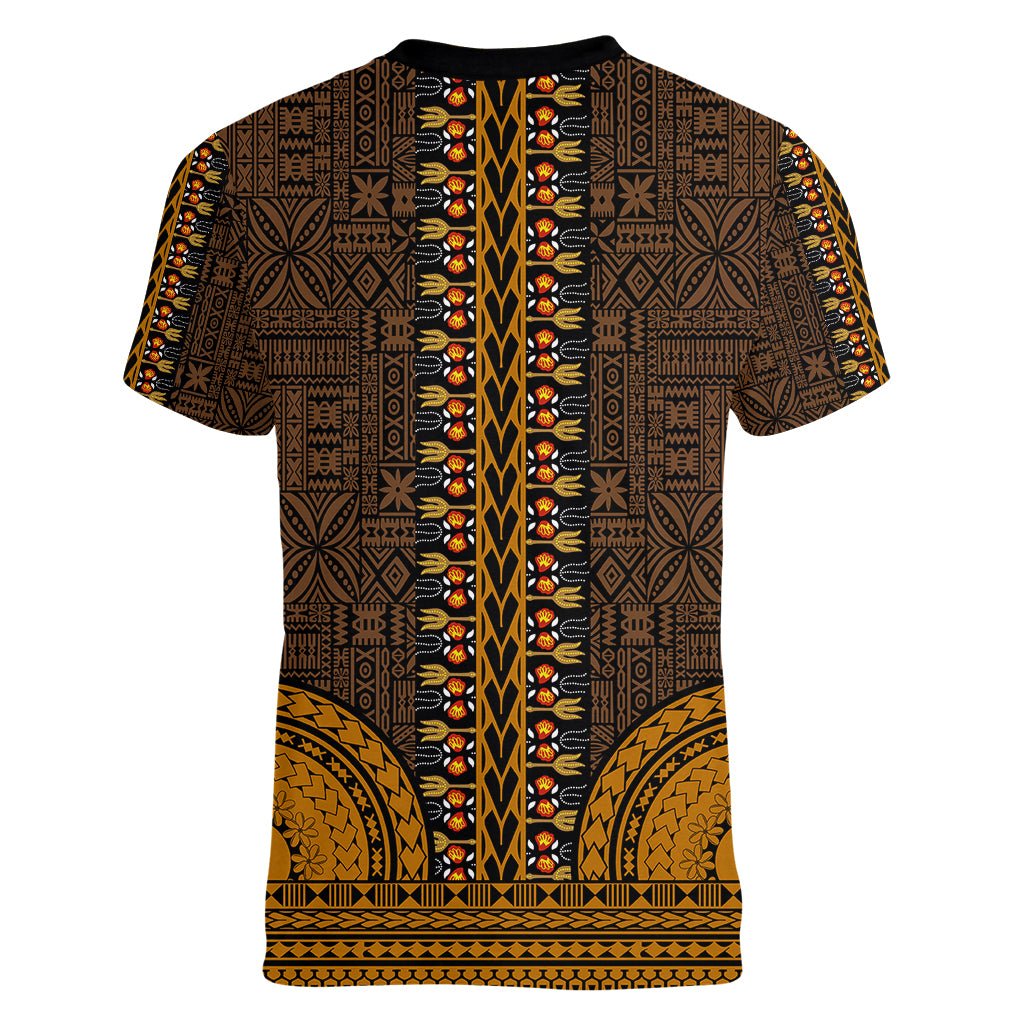 African Dashiki Women V Neck T Shirt With Tapa Pattern - Gold LT9 - Polynesian Pride