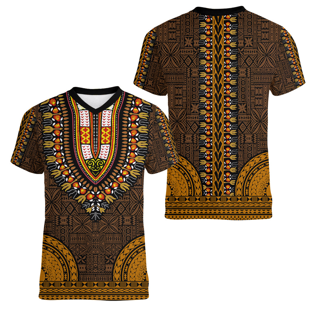 African Dashiki Women V Neck T Shirt With Tapa Pattern - Gold LT9 - Polynesian Pride