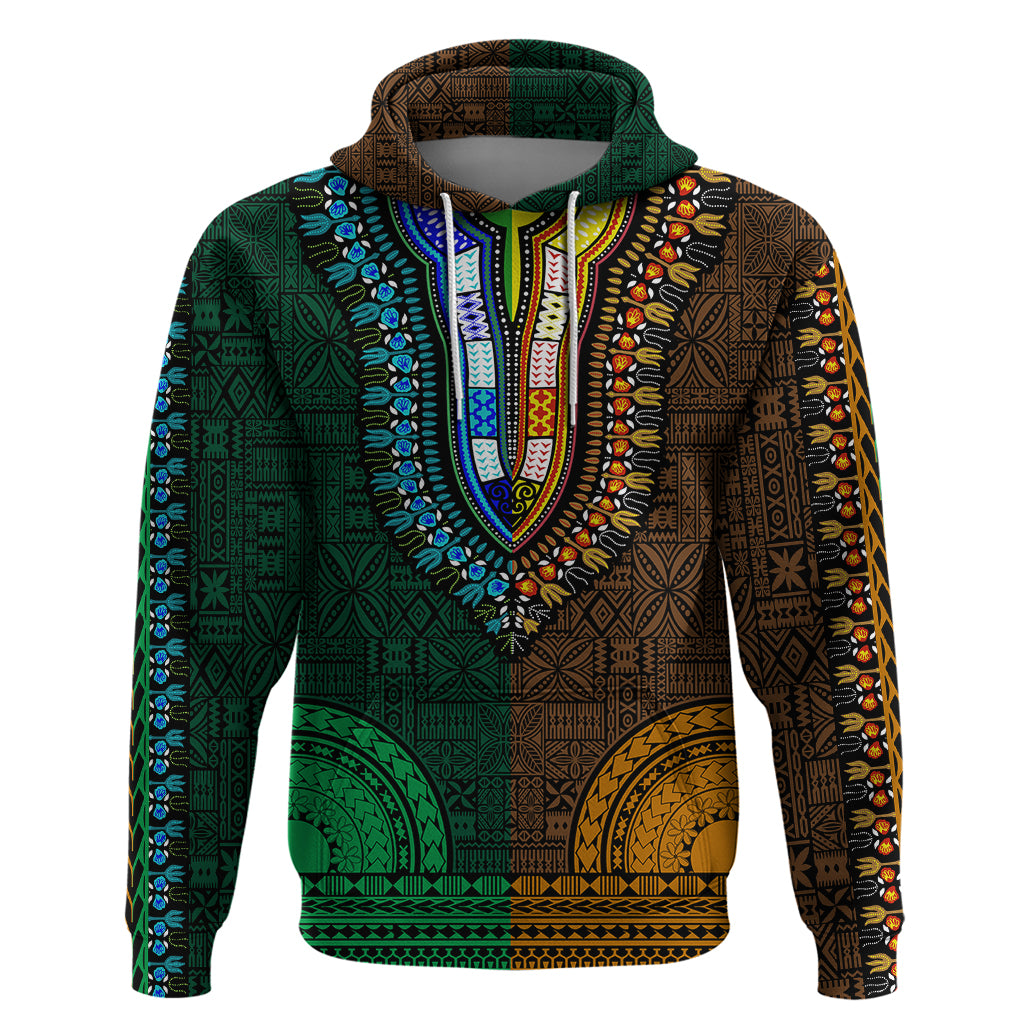 African Dashiki Hoodie With Tapa Pattern Half Green and Gold LT9 Pullover Hoodie Green and Gold - Polynesian Pride