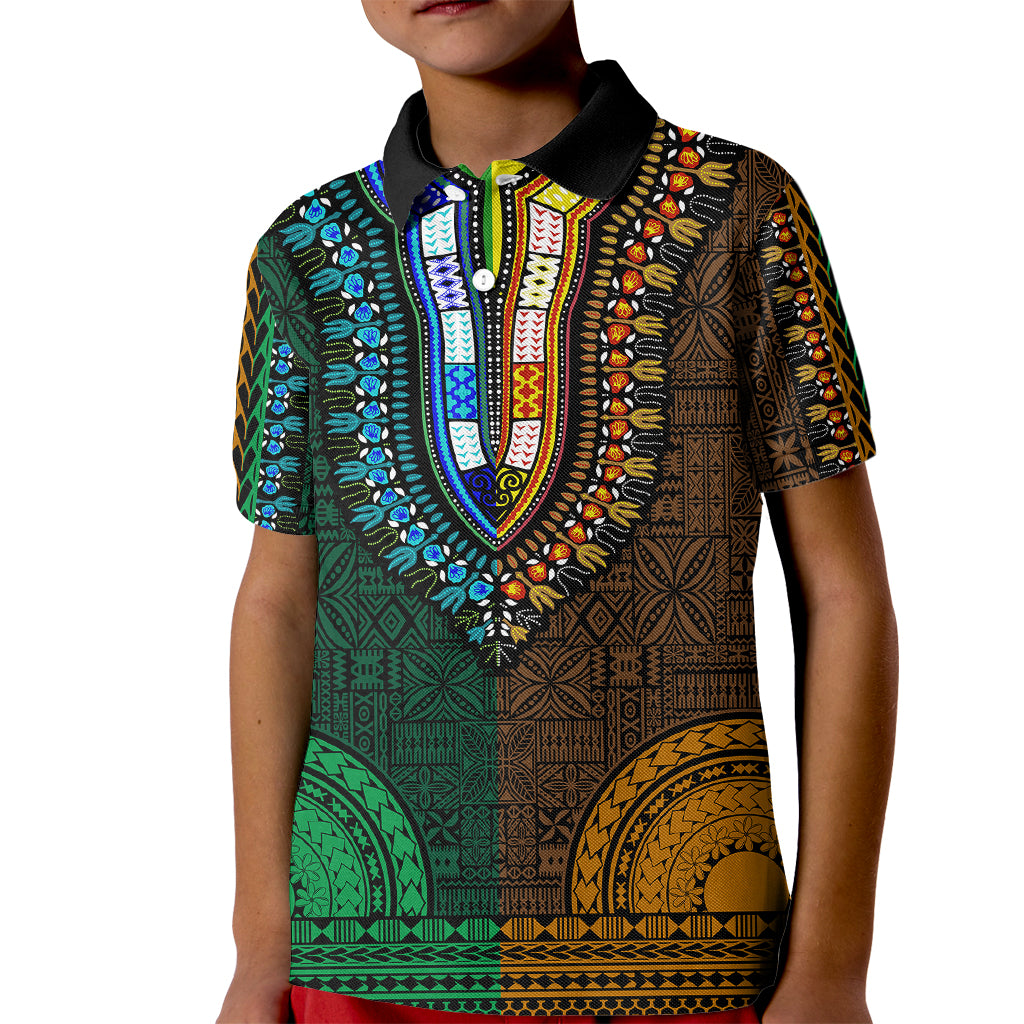 African Dashiki Kid Polo Shirt With Tapa Pattern - Half Green and Gold LT9 Kid Green and Gold - Polynesian Pride