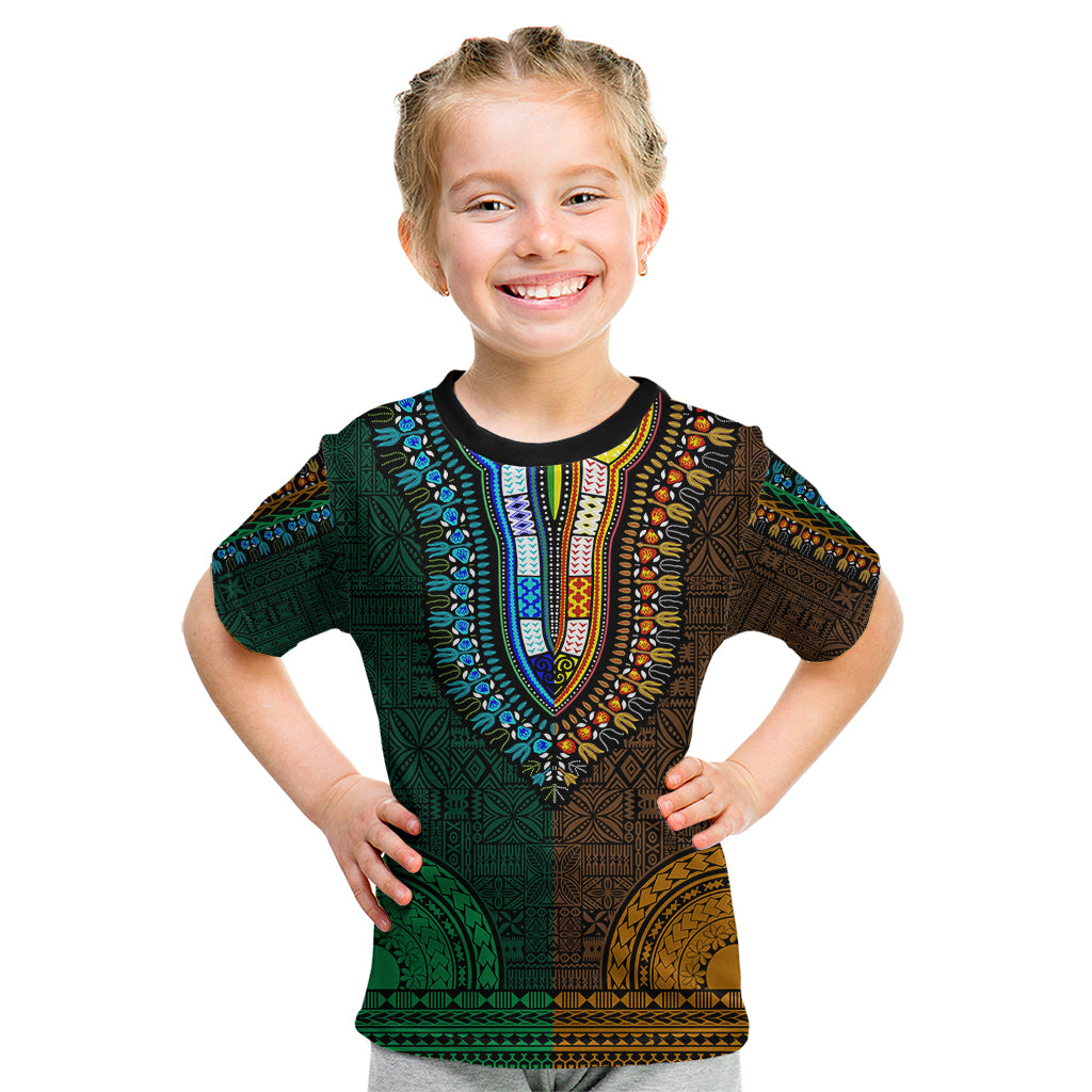 African Dashiki Kid T Shirt With Tapa Pattern - Half Green and Gold LT9 Green and Gold - Polynesian Pride