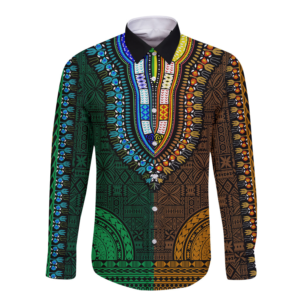 African Dashiki Long Sleeve Button Shirt With Tapa Pattern - Half Green and Gold LT9 Unisex Green and Gold - Polynesian Pride