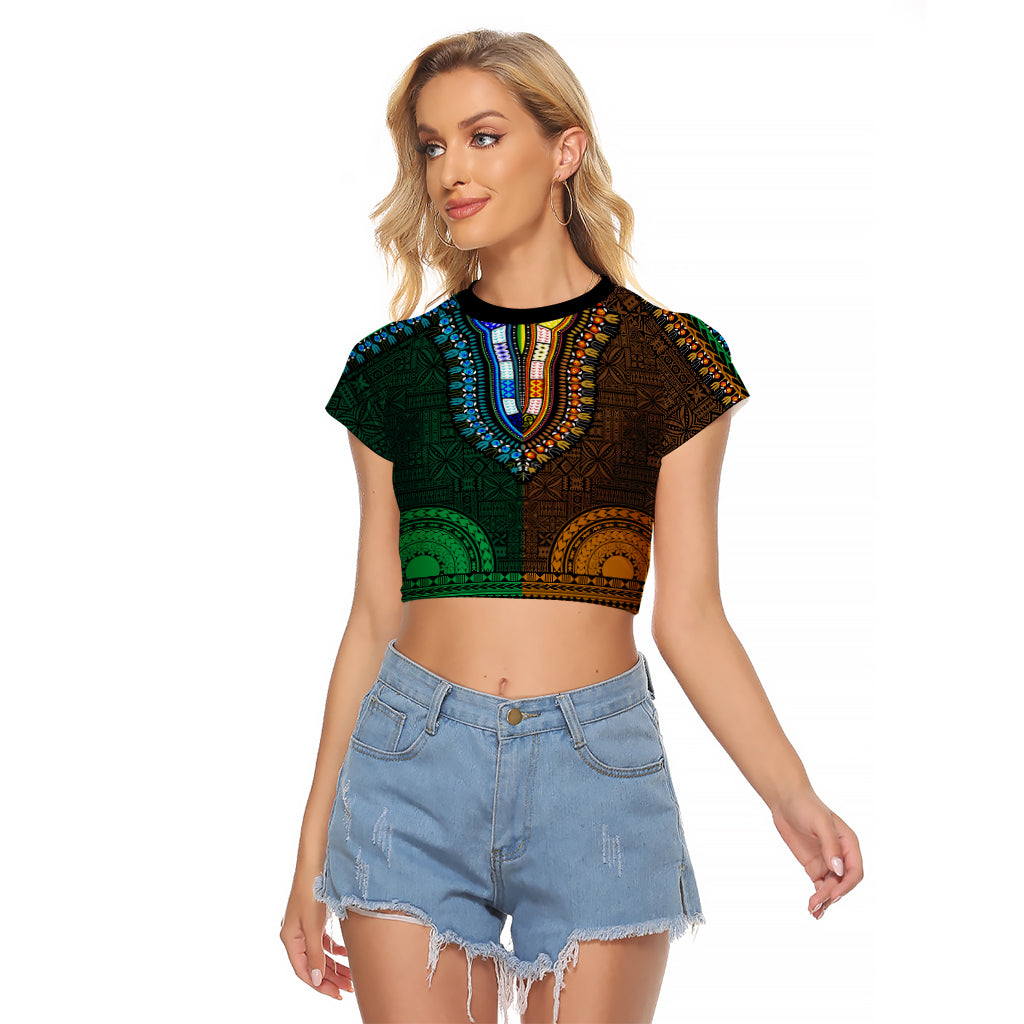 African Dashiki Raglan Cropped T Shirt With Tapa Pattern - Half Green and Gold LT9 Female Green and Gold - Polynesian Pride