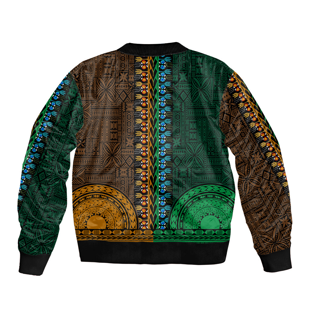 African Dashiki Sleeve Zip Bomber Jacket With Tapa Pattern - Half Green and Gold LT9 - Polynesian Pride