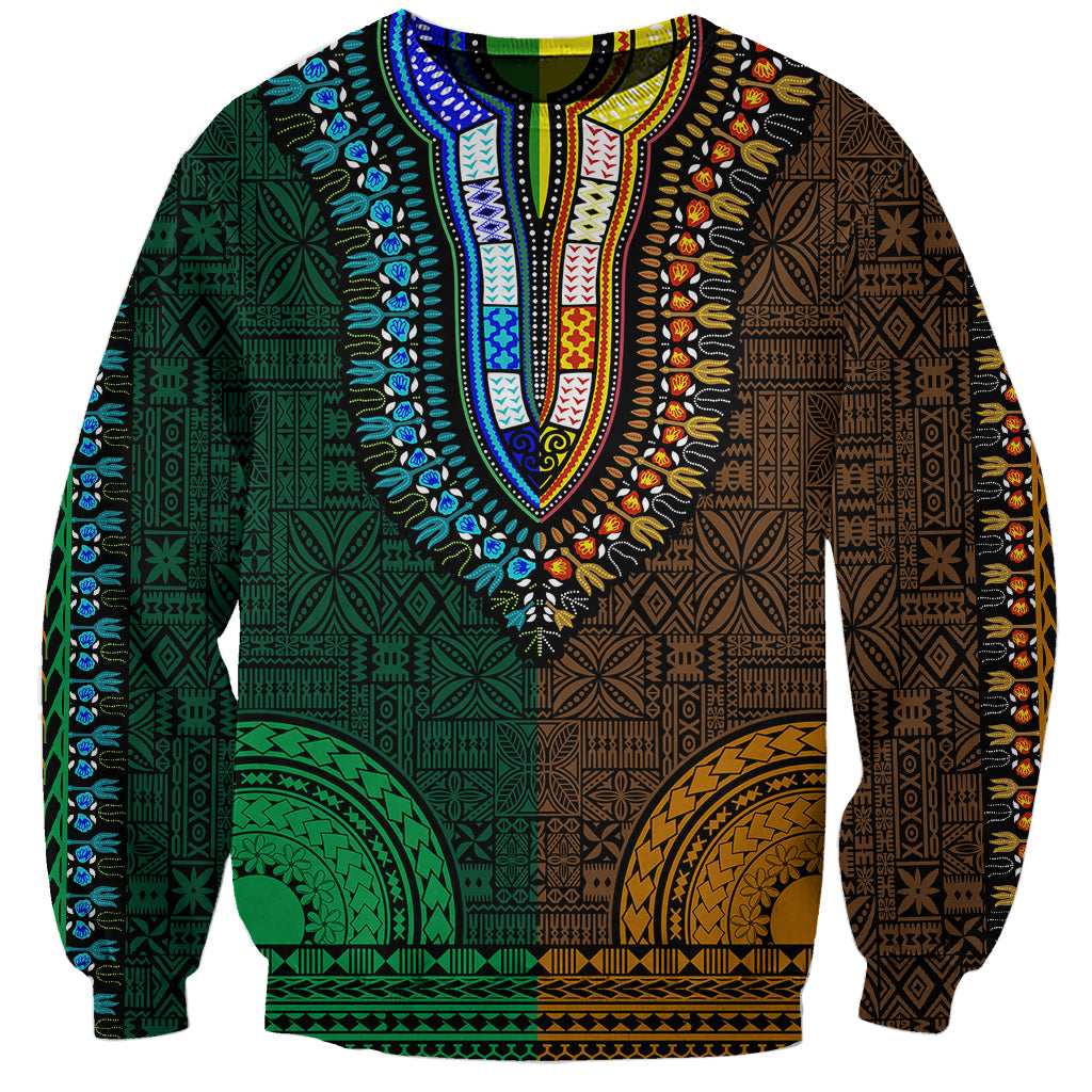 African Dashiki Sweatshirt With Tapa Pattern - Half Green and Gold LT9 Unisex Green and Gold - Polynesian Pride