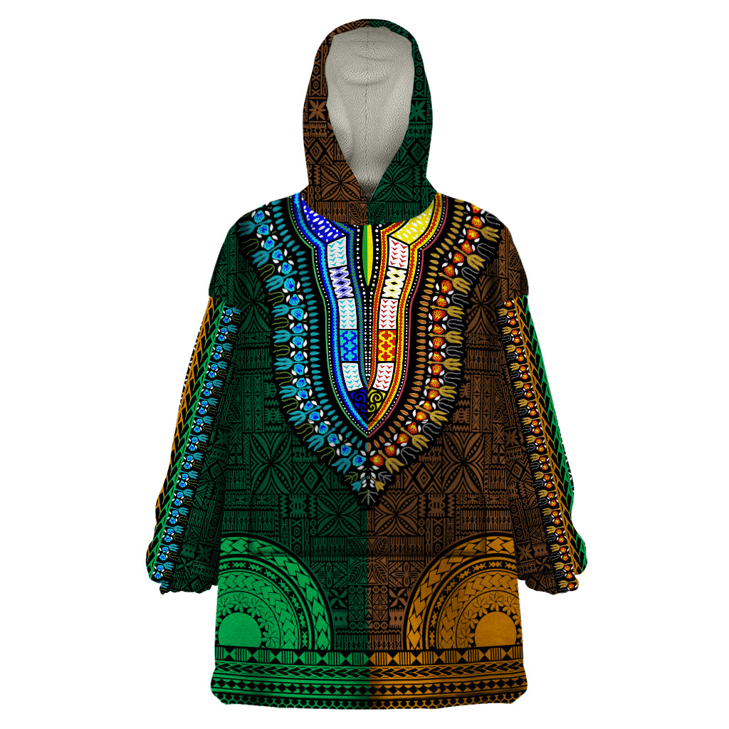 African Dashiki Wearable Blanket Hoodie With Tapa Pattern - Half Green and Gold LT9 One Size Green and Gold - Polynesian Pride