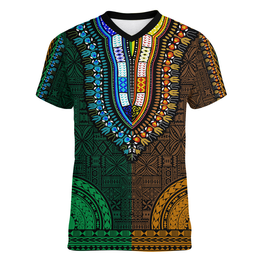 African Dashiki Women V Neck T Shirt With Tapa Pattern - Half Green and Gold LT9 Female Green and Gold - Polynesian Pride