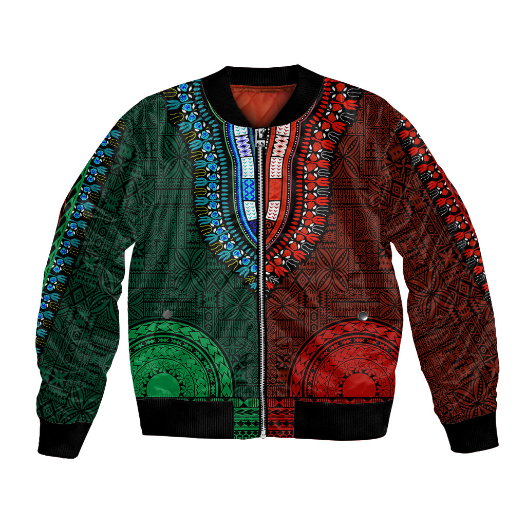African Dashiki Bomber Jacket With Tapa Pattern - Half Green and Red LT9 Unisex Green and Red - Polynesian Pride