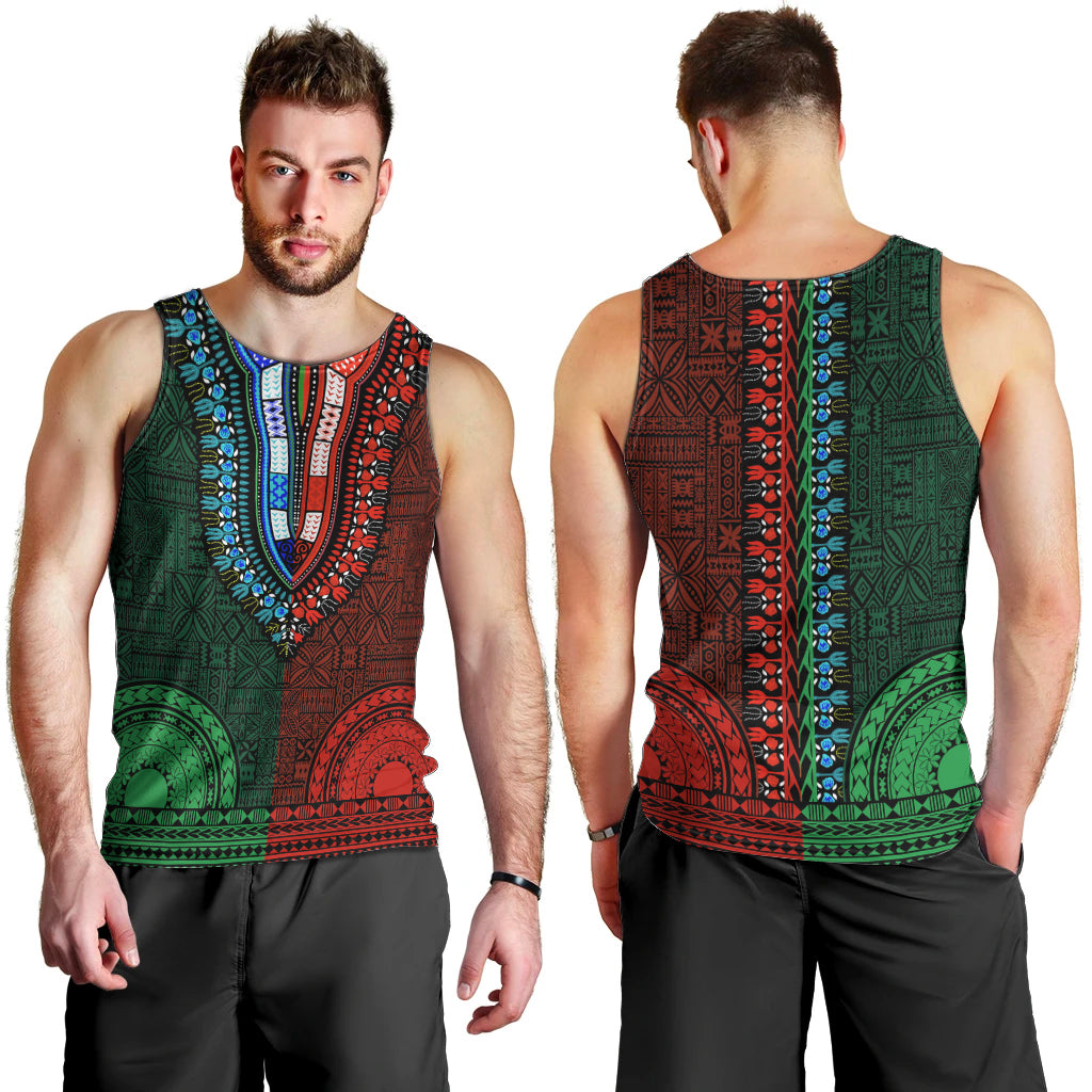 African Dashiki Men Tank Top With Tapa Pattern - Half Green and Red LT9 - Polynesian Pride