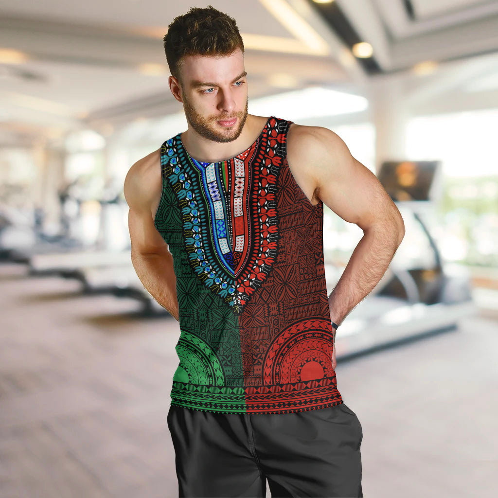 African Dashiki Men Tank Top With Tapa Pattern - Half Green and Red LT9 - Polynesian Pride