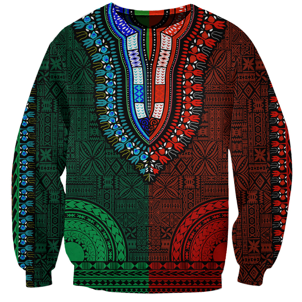 African Dashiki Sweatshirt With Tapa Pattern - Half Green and Red LT9 Unisex Green and Red - Polynesian Pride