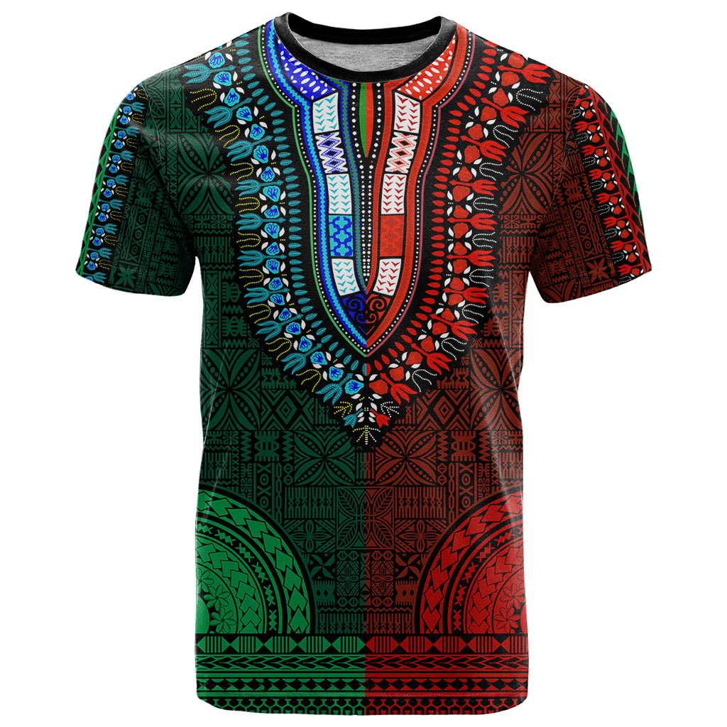 African Dashiki T Shirt With Tapa Pattern Half Green and Red LT9 Green and Red - Polynesian Pride