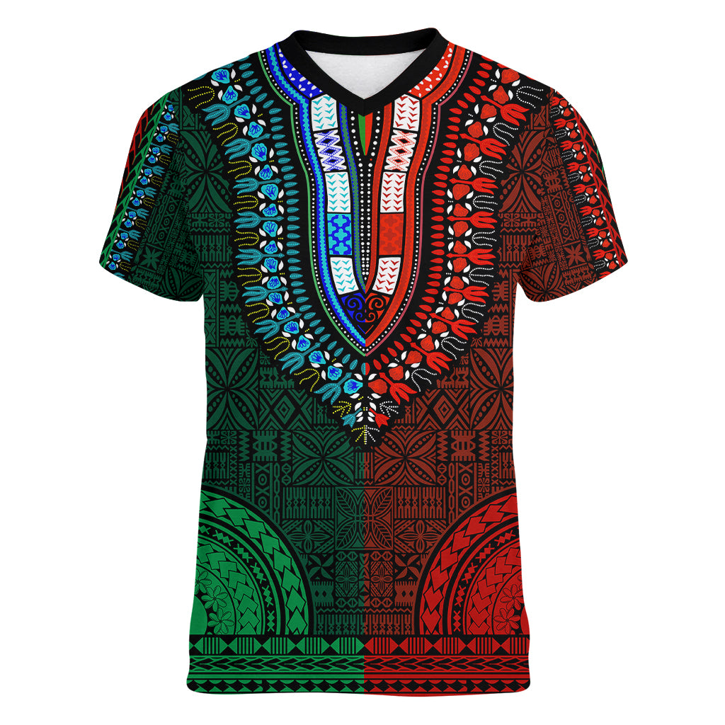 African Dashiki Women V Neck T Shirt With Tapa Pattern - Half Green and Red LT9 Female Green and Red - Polynesian Pride