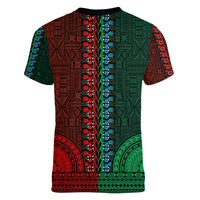 African Dashiki Women V Neck T Shirt With Tapa Pattern - Half Green and Red LT9 - Polynesian Pride