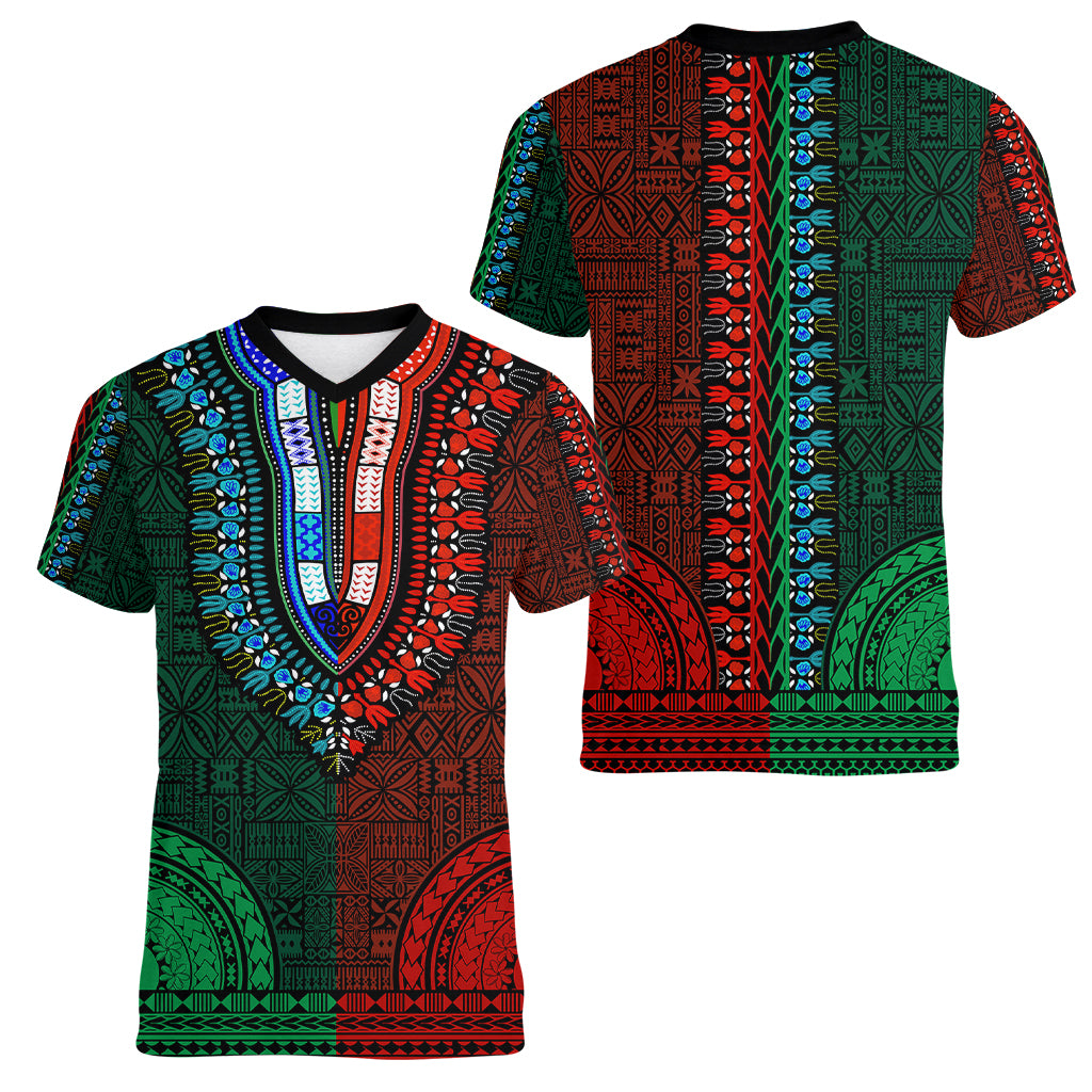 African Dashiki Women V Neck T Shirt With Tapa Pattern - Half Green and Red LT9 - Polynesian Pride