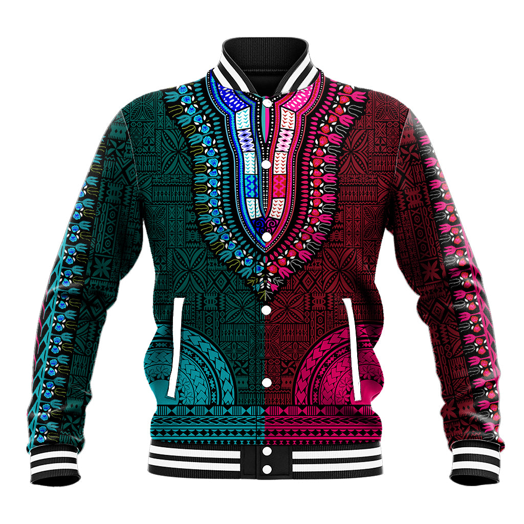 African Dashiki Baseball Jacket With Tapa Pattern - Half Teal and Pink LT9 Unisex Teal and Pink - Polynesian Pride