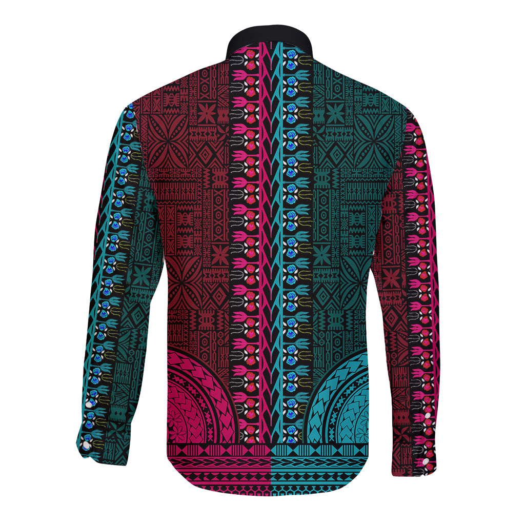 African Dashiki Long Sleeve Button Shirt With Tapa Pattern - Half Teal and Pink LT9 - Polynesian Pride