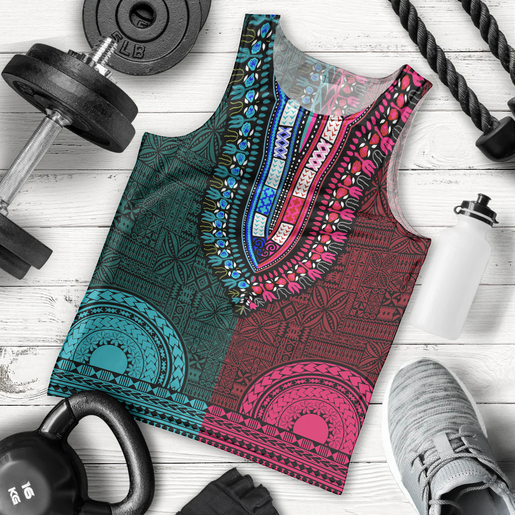 African Dashiki Men Tank Top With Tapa Pattern - Half Teal and Pink LT9 Teal and Pink - Polynesian Pride