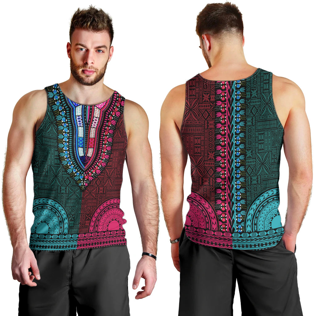 African Dashiki Men Tank Top With Tapa Pattern - Half Teal and Pink LT9 - Polynesian Pride