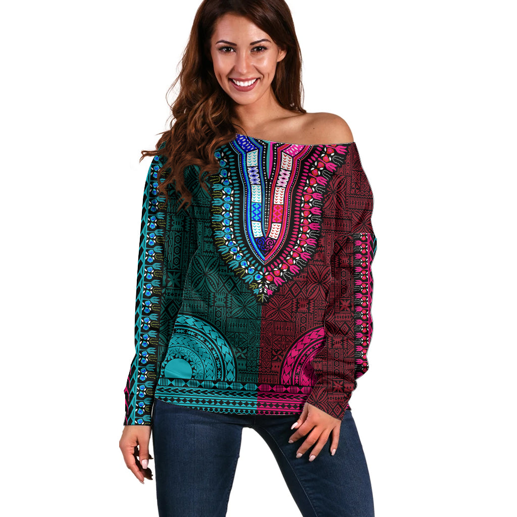 African Dashiki Off Shoulder Sweater With Tapa Pattern - Half Teal and Pink LT9 Women Teal and Pink - Polynesian Pride