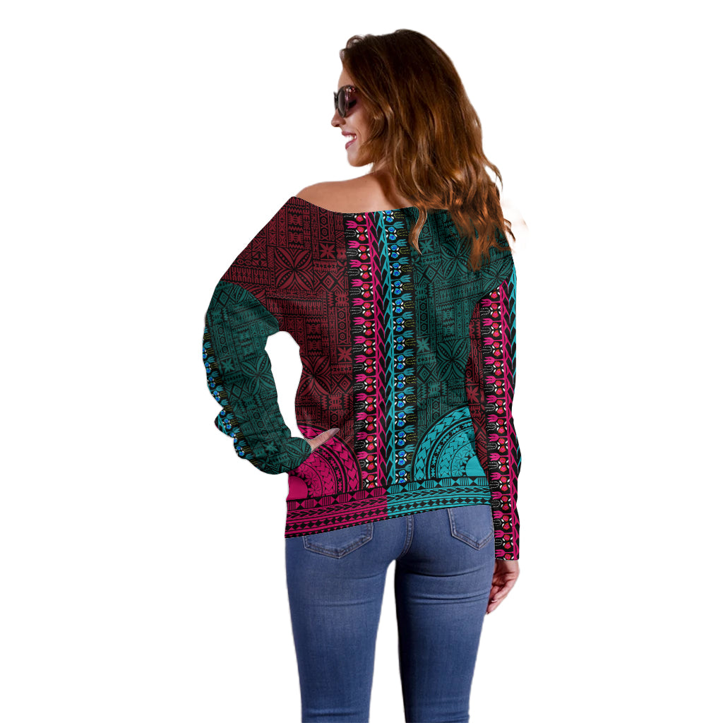 African Dashiki Off Shoulder Sweater With Tapa Pattern - Half Teal and Pink LT9 - Polynesian Pride
