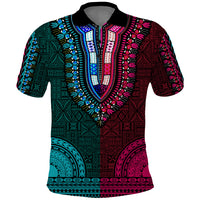African Dashiki Polo Shirt With Tapa Pattern Half Teal and Pink LT9 Teal and Pink - Polynesian Pride
