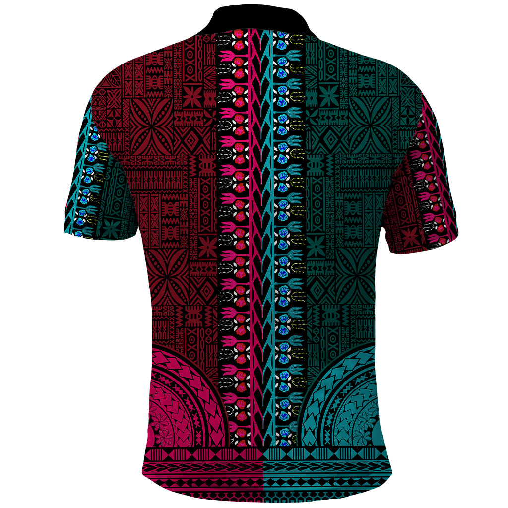 African Dashiki Polo Shirt With Tapa Pattern Half Teal and Pink LT9 - Polynesian Pride