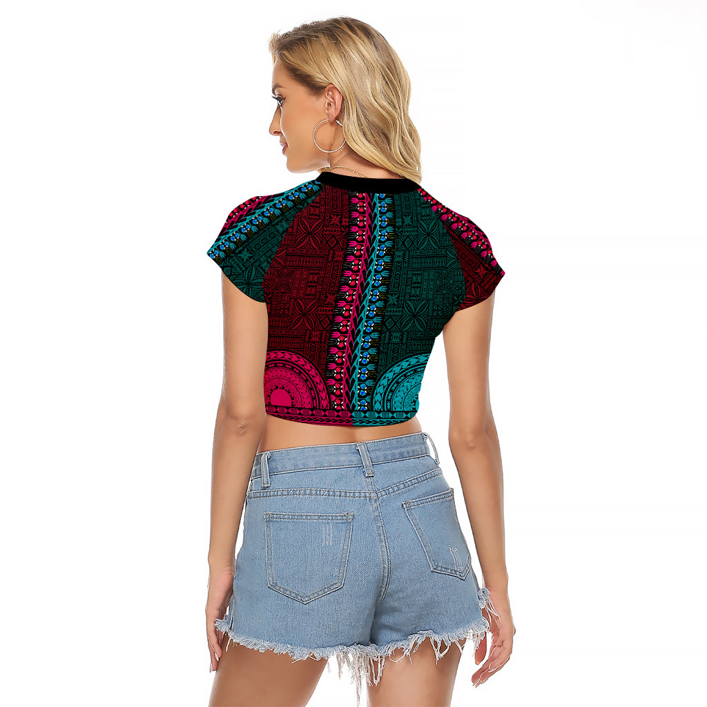 African Dashiki Raglan Cropped T Shirt With Tapa Pattern - Half Teal and Pink LT9 - Polynesian Pride