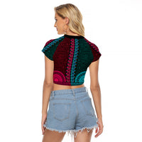 African Dashiki Raglan Cropped T Shirt With Tapa Pattern - Half Teal and Pink LT9 - Polynesian Pride